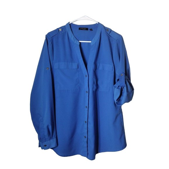 Fylo Top Womens Large Button Up Tab Sleeves Pockets Shoulder Tabs Office - Picture 1 of 16